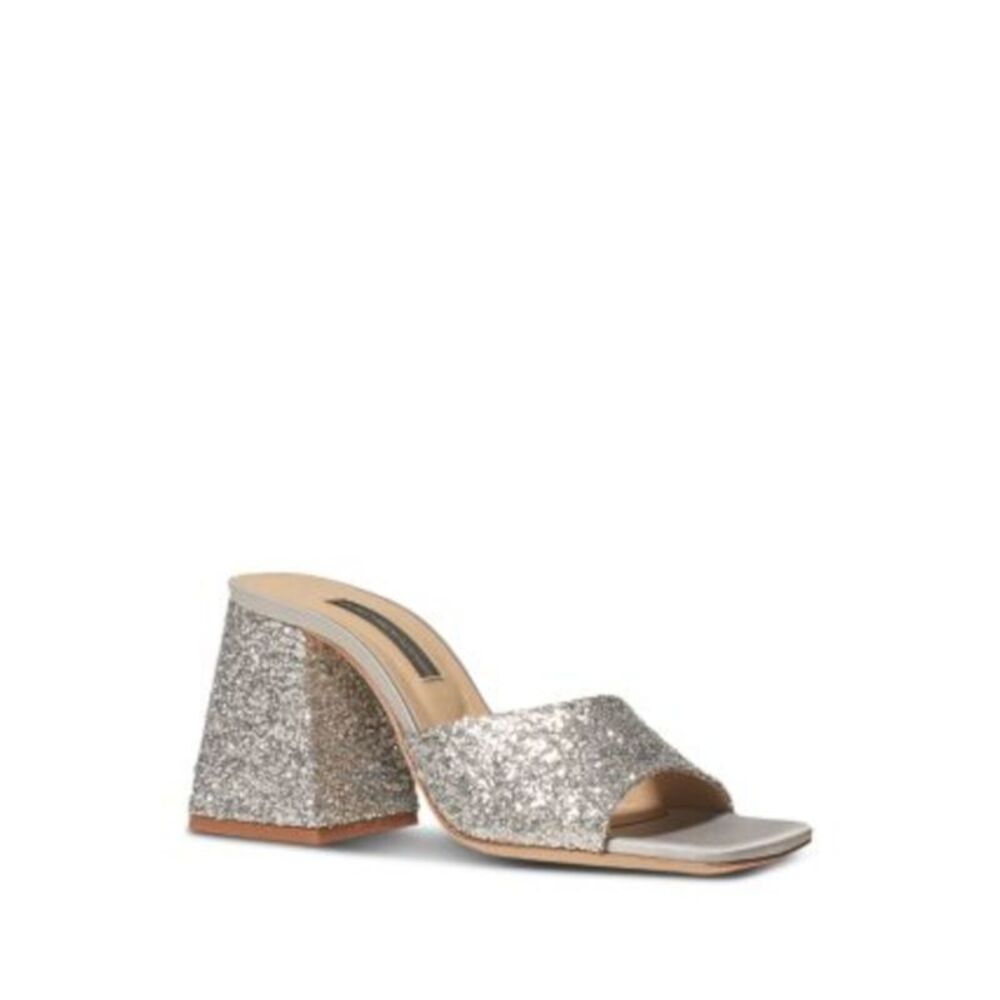 CHELSEA PARIS Womens Silver Bazz Square Toe Flare Slip On Heeled Sandal 36